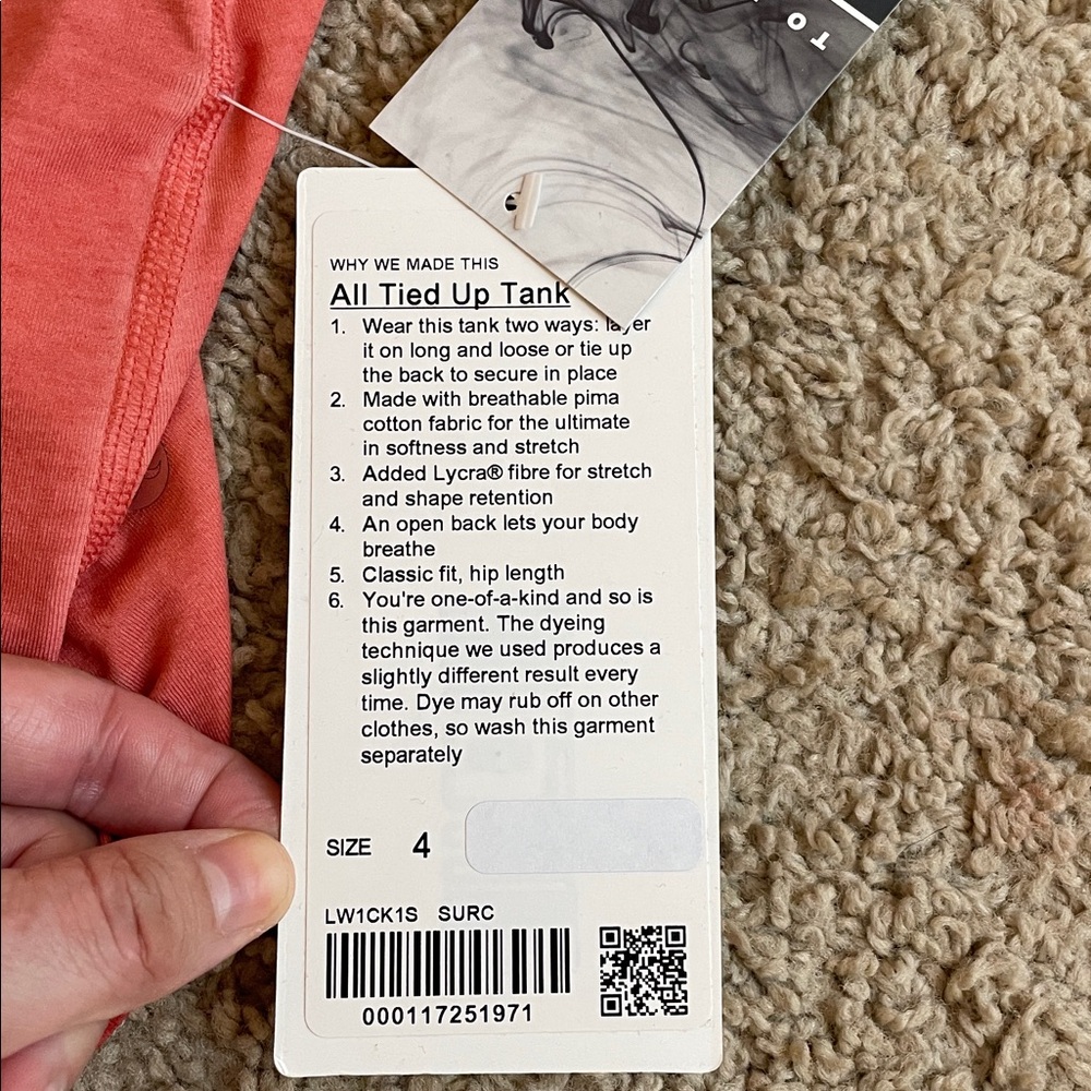 LULELEMON ALL TIED UP TANK SIZE 4 NWT
Rustic coral - Picture 9 of 10